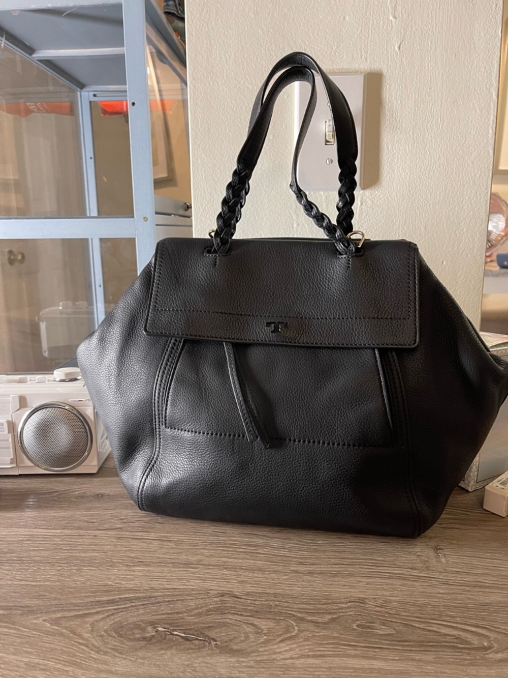 Tory Burch Black Pebbled Leather Tote with Braided Handles